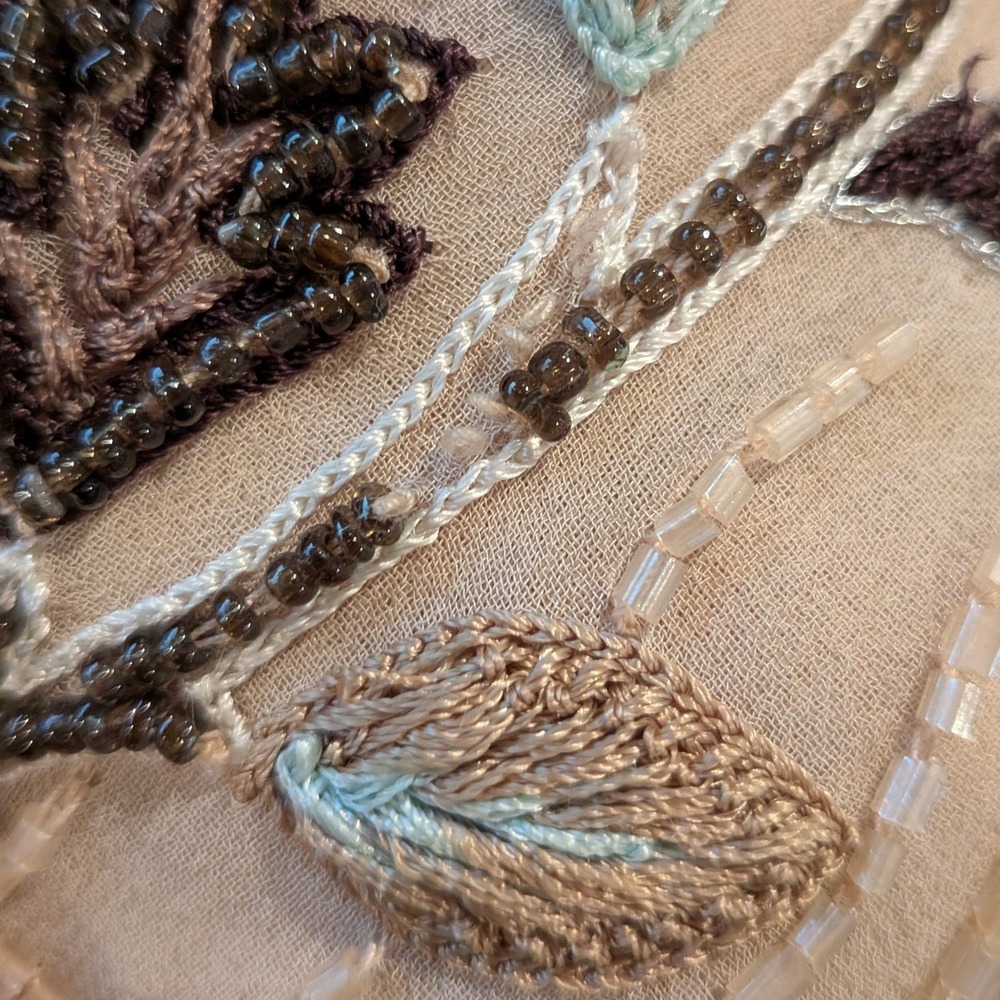 Vintage Adrianna Papell Cottagecore Old Money 14 BeigeBrown Beads Silk FloralTop - Picture 10 of 10